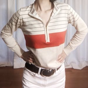 Stripe beige/red polosweater with zip up collar